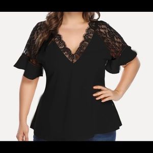Plus lace panel flounce sleeve blouse NWOT